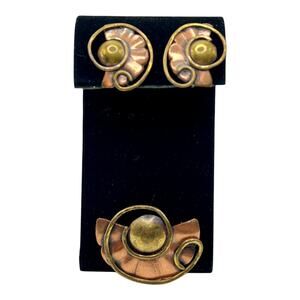 John Bryan Copper and Brass Brooch Screw Back Earring Set Modernist Jewelry